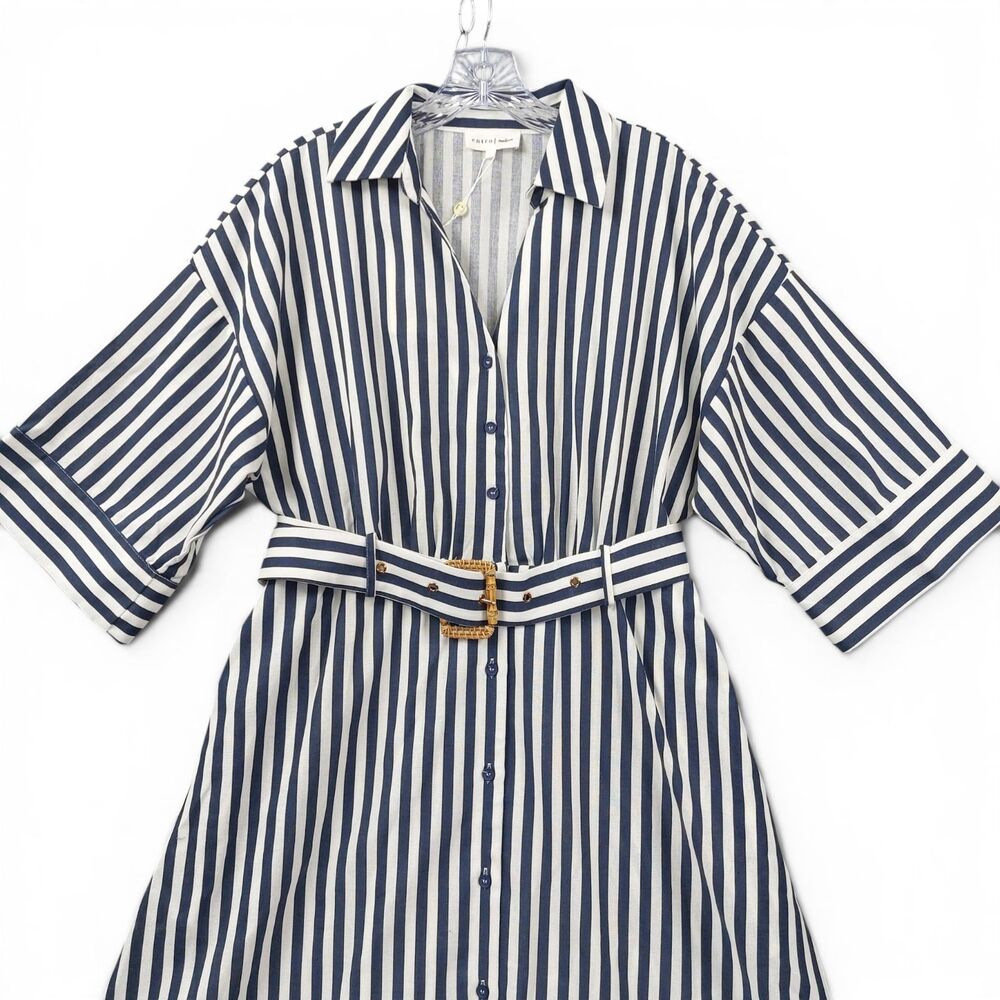 Entro Blue White Stripe Belted Midi Shirt Dress M Coastal Chic Pockets - Picture 13 of 16